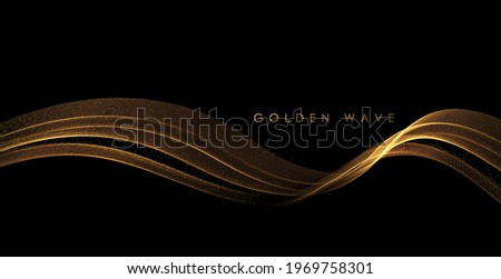 Abstract Gold Waves. Shiny golden moving lines design element with glitter effect on dark background for greeting card and disqount voucher.
