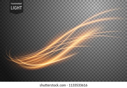 Abstract gold wavy line of light with a transparent background, isolated and easy to edit. Vector Illustration