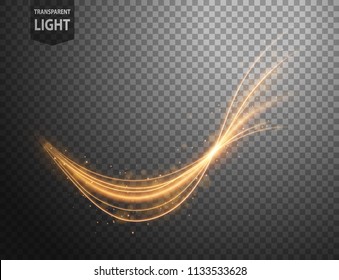 Abstract gold wavy line of light with sparkles on a transparent background, isolated and easy to edit. Vector Illustration