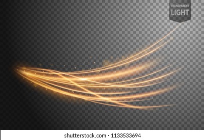 Abstract gold wavy line of light with sparkles on a transparent background, isolated and easy to edit. Vector Illustration