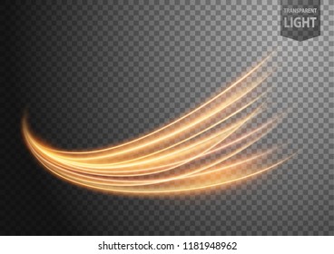 Línea de luz ondulada de oro abstracto con un fondo transparente, aislado y fácil de editar. Ilustración vectorial