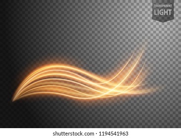 Abstract gold wavy line of light with a transparent background, isolated and easy to edit. Vector Illustration