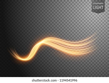 Abstract gold wavy line of light with a transparent background, isolated and easy to edit. Vector Illustration