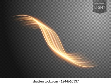 Abstract gold wavy line of light with a transparent background, isolated and easy to edit. Vector Illustration
