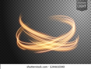 Línea de luz ondulada de oro abstracto con un fondo transparente, aislado y fácil de editar. Ilustración vectorial