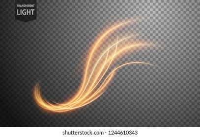 Abstract gold wavy line of light with a transparent background, isolated and easy to edit. Vector Illustration