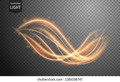 Abstract gold wavy line of light with a transparent background, isolated and easy to edit