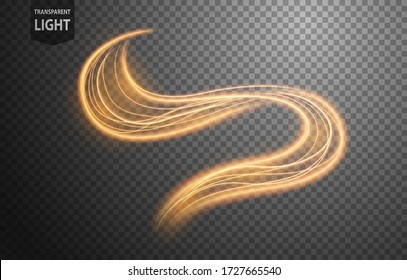 Abstract gold wavy line of light with a transparent background, isolated and easy to edit. Vector Illustration