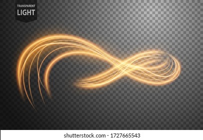 Abstract gold wavy line of light with a transparent background, isolated and easy to edit. Vector Illustration