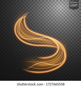 Abstract gold wavy line of light with a transparent background, isolated and easy to edit. Vector Illustration