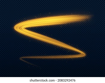 Abstract gold wavy line of light. Magic light. Glowing wavy light effect.
Bright swirl glitter on transparent black background.