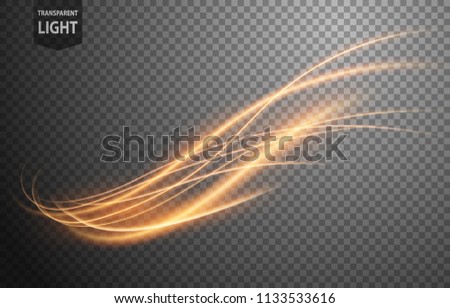 Abstract gold wavy line of light with a transparent background, isolated and easy to edit. Vector Illustration