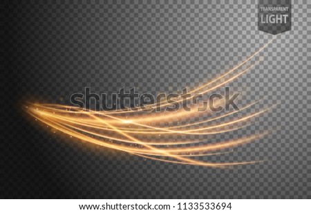 Abstract gold wavy line of light with sparkles on a transparent background, isolated and easy to edit. Vector Illustration