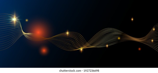 Abstract gold wavy lines with luminous particles modern vector background	