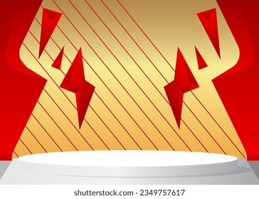 Resumen de la pantalla de productos Gold, White and Red Mockup. Estadio de peatones para presentación. Muestra de escenario geométrico mínimo vectorial.