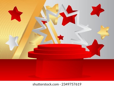 Abstract Gold, White and red Mockup product display. Cylinder pedestal podium for presentation. Vector minimal geometric Stage showcase.
