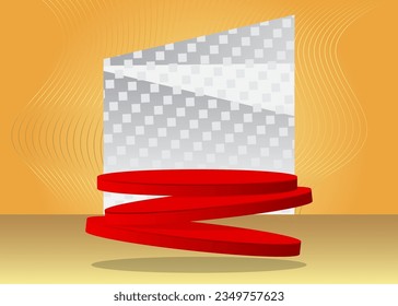 Abstract Gold, White and red Mockup product display. Cylinder pedestal podium for presentation. Vector minimal geometric Stage showcase.