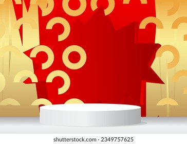 Abstract Gold, White and red Mockup product display. Cylinder pedestal podium for presentation. Vector minimal geometric Stage showcase.