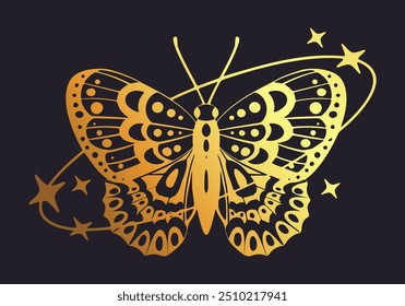 Abstractas oro y2k mariposa. Insecto volador estético dorado y2k, siluetas de mariposa brillantes con Formas ovaladas, estrellas y destellos decoran Ilustración vectorial plana. Emblema de mariposa de dibujos animados