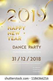 Abstract Golden 2019 New Year background of modern liquid graphic elements. Dynamic banner with flowing shapes. Template for card, poster, flyer, presentation, banner. Vector illustration