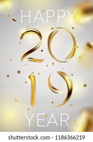 Abstract Golden 2019 New Year background of modern liquid graphic elements. Dynamic banner with flowing shapes. Template for card, poster, flyer, presentation, banner. Vector illustration
