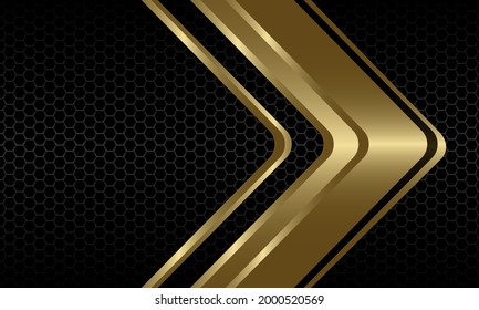Resumen de la dirección de la flecha dorada en el diseño de malla hexagonal metálica gris oscuro diseño moderno de fondo futurista ilustración vectorial de lujo.