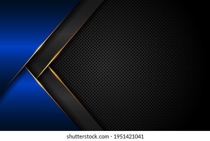 Abstract golden arrow on elegant black and blue with black circle mesh background. Modern future technology vector illustration background concept