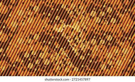 Fundo dourado abstrato com listras diagonais e formas circulares em camadas. Composição geométrica dinâmica em tons quentes de amarelo, laranja e preto, criando uma textura moderna e energética. Ideal para projetos de marca, cartazes, papéis de parede, embalagens e design digital.