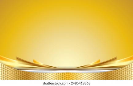 Abstract golden background with elegant golden ethnic Thai pattern frame designed for message or product backdrop.