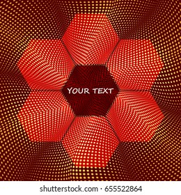 Abstract golden background and flower in the form of honeycombs. Golden waves on a red background.  Place for text. Aged metal. Vector illustration
