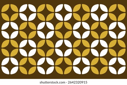 abstract golden background. Gold and white rounded shapes interlock on a rich brown background, exhibiting a simple and warm Indonesian batik-inspired style. Floral background design art