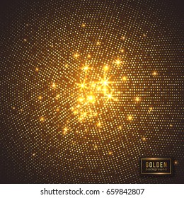 Abstract golden background. Halftone glitter effect with dot and glowing lights. Vector illustration.