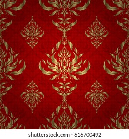 Abstract golden background in red and golden colors for invitation template. Vector golden seamless pattern.