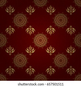 Abstract golden background in red and golden colors for invitation template. Vector golden seamless pattern.