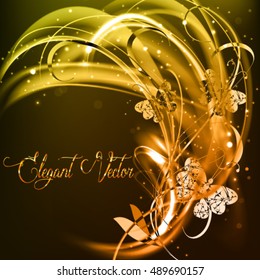 Abstract golden background with three butterflies. Festive vector frame with glowing filament.