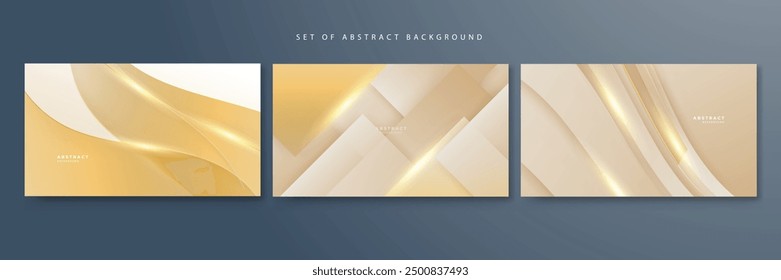 Abstract golden background with white and beige luxury glitter shapes. Golden lines luxury on cream color background. Gold elegant realistic paper cut style 3d. Vector illustration