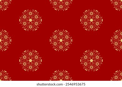 Abstract Golden Ball With Flower Pattern On Red Background. Christmas Backdrop. Seamless. Luxury Wallpaper. Vector Illustration