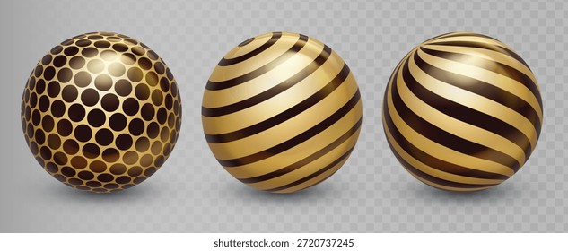 Abstract golden ball set with glossy metallic texture and decorative pattern. Gold sphere collection, 3d circle shapes, holiday decorative design elements. Vector illustration
