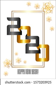 Abstract golden banner, 2020 happy new year. 2020 isolated on white background. Golden snowflakes and frame. Can be used for postcard or poster.