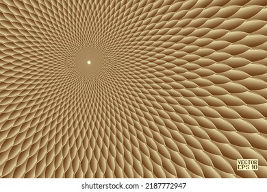 Abstract Golden and Beige Geometric Pattern with Squares. Spiral-like Spotted Tunnel. Optical Psychedelic Illusion. Vector. 3D Illustration