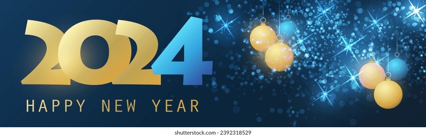 Abstract Golden and Blue Glossy Horizontal Christmas, New Year Header or Banner, Blurry Vector Design with Christmas Balls for Year 2024