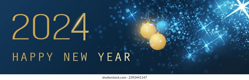 Abstract Golden and Blue Glossy Horizontal Christmas, New Year Header or Banner, Blurry Vector Design with Christmas Balls for Year 2024