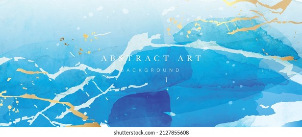 Abstract golden in blue tone background. Luxury wallpaper with blue and white watercolor. Premium design with gold shades and white drops for banner, covers, wall art, home decor and invitation.
