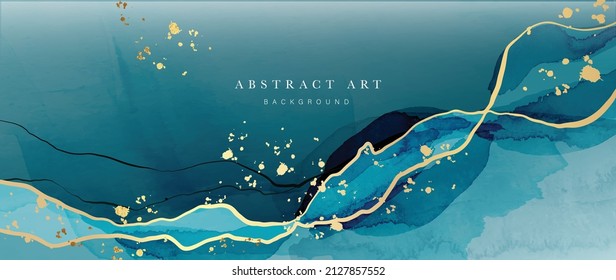 Abstract golden in blue tone background. Luxury wallpaper with green and blue ocean watercolor. Premium design with gold shades and drops for banner, covers, wall art, home decor and invitation.