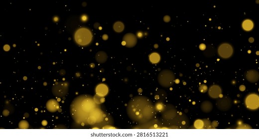 Abstract golden bokeh lights glowing on black background with various sizes and soft focus effect on transparent background