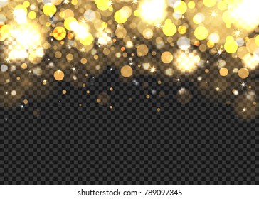 Abstract golden bokeh lights on the transparent background, vector illustration