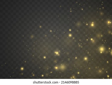 Abstract golden bokeh lights and sparkles on transparent background. Sparkling magical yellow dust particles and stardust. Glowing sparks glitter special light. Falling stars with gold dust. Vector.