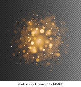 Abstract golden bokeh lights and sparkles. Isolated on a transparent background. Empty space for text. Detailed vector illustration. 