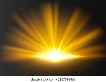 Abstract golden bright light. Gold shine burst isolated on transparent background. Bright and shine golden light star. Vector illustration.