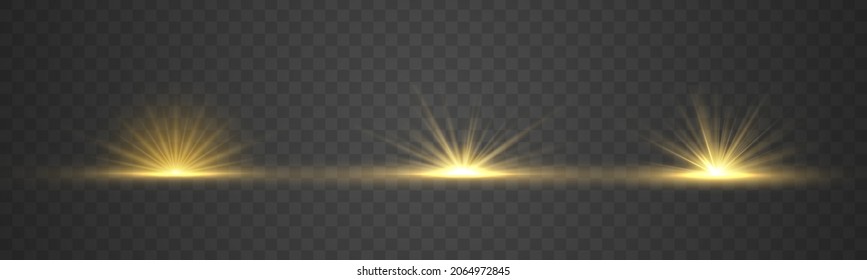 Abstract golden bright sun explosion. Bright gold light rising on transparent background. Yellow shine burst star. Flare special effect with rays of light and magic sparkles. Vector illustration.
